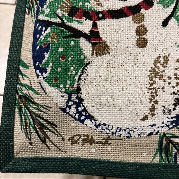 Jute Burlap Painted Wooden Handles Tote Bag Christmas Snowman Signed - Picture 14 of 14